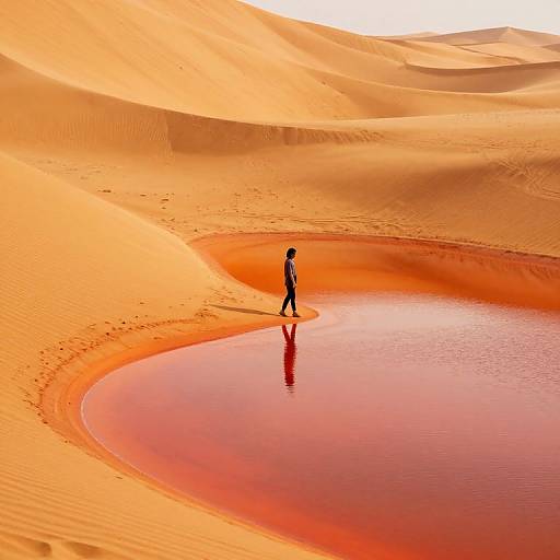 Silhouetted figure walking in a serene, reflective desert oasis with vibrant, orange sand dunes under a bright, golden sunset.