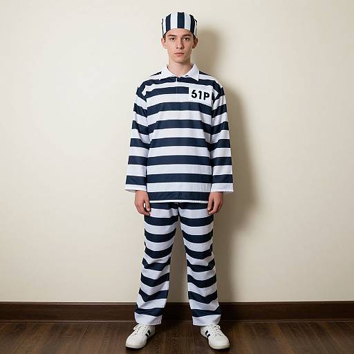 Photograph of a young man wearing a black-and-white striped prison uniform, matching cap, and white shoes, standing against a plain white wall. 