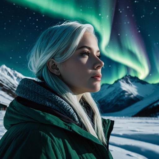 Woman with Aurora Borealis Over Snowy Mountains