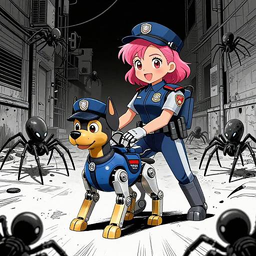 Anime-style illustration of a pink-haired female police officer in uniform leading a robotic police dog in a dark, spider-infested alley.