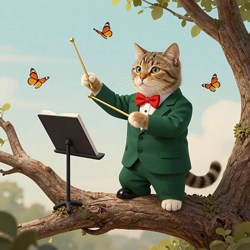 Photograph of an anthropomorphic tabby cat in a green suit and red bow tie, standing on a tree branch, conducting with a wand, surrounded