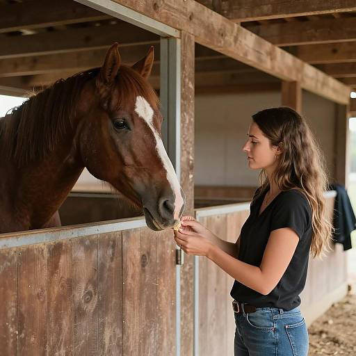 Woman Feeding Horse in Rustic Barn