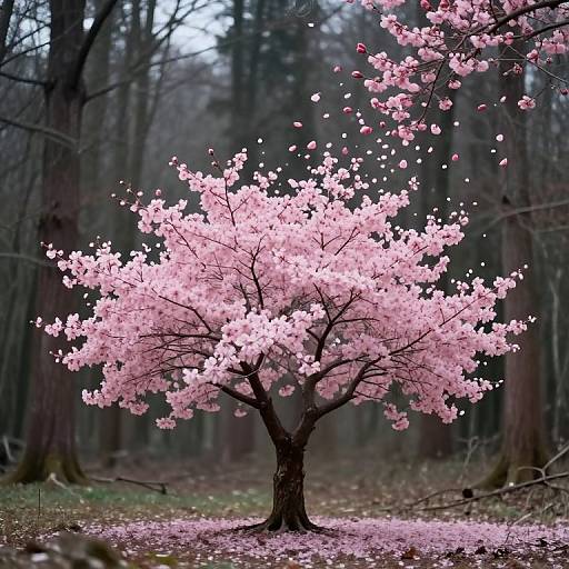 Photograph of a single cherry blossom tree with vibrant pink flowers in a dark, misty forest, surrounded by fallen petals and bare trees in the background