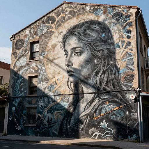 Mural of a detailed, black-and-white, realistic portrait of a woman with wavy hair on a building, surrounded by floral patterns, under sunlight