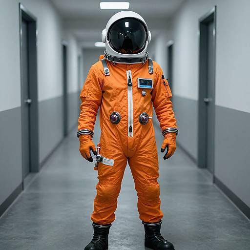 Photograph of an astronaut in an orange spacesuit with a reflective helmet standing in a long, narrow, gray hallway.
