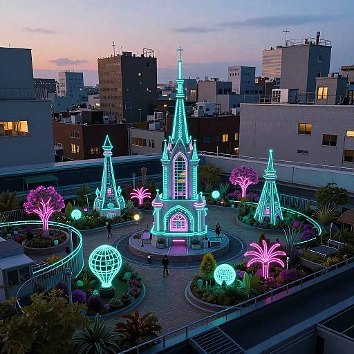 Nostalgic Neon Rooftop Garden at Dusk