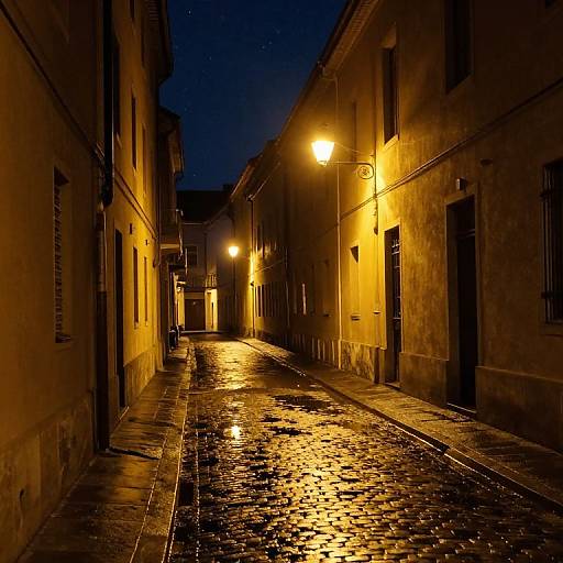 Narrow, cobblestone street at night, illuminated by warm yellow streetlights, reflecting on wet pavement. Dark, historic buildings on either side,