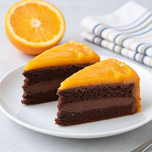 Photograph of two rich, dark chocolate slices with vibrant orange marmalade tops on a white plate, next to a halved orange and a