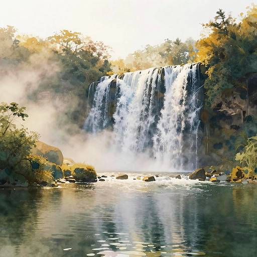 Photograph of a serene waterfall cascading into a calm pool, surrounded by lush greenery and mist, with sunlight filtering through trees.