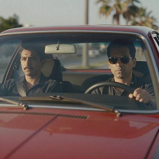 Serious Duo in a Red Car Under Palm Trees