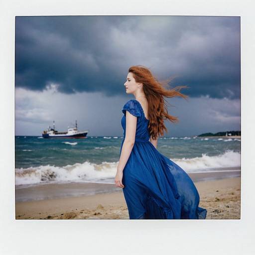 Photograph of a red-haired woman in a flowing blue dress, standing on a stormy beach with waves and a distant boat.