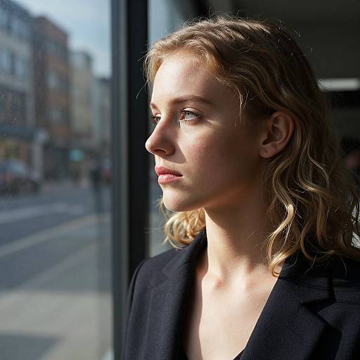 Photograph of a blonde woman with wavy hair, wearing a black blazer, standing by a sunlit window, gazing outside. Urban street