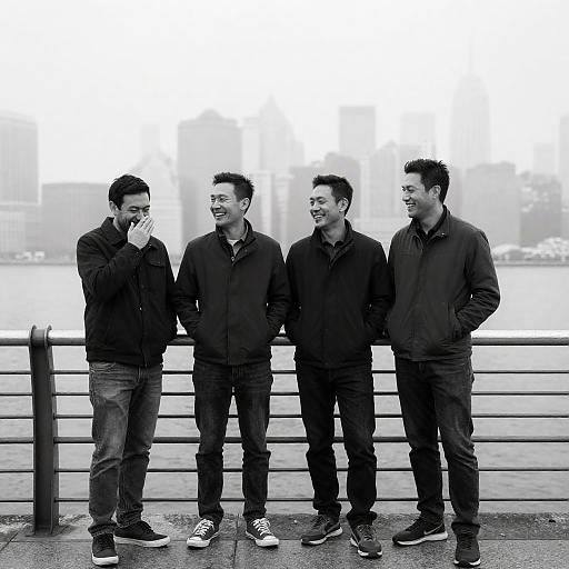 Men Laughing on a Foggy Pier