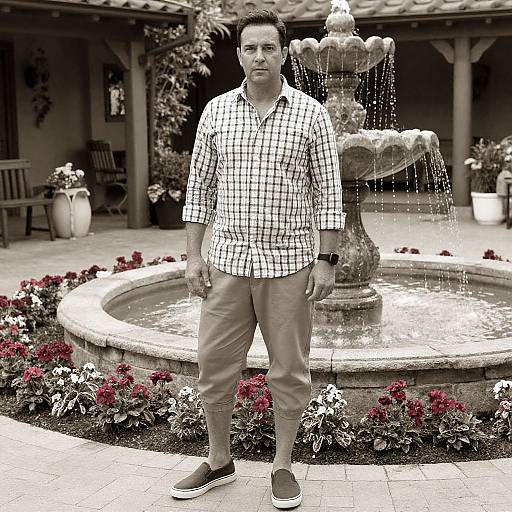 Photograph of a middle-aged man in a checkered shirt and khaki pants standing in front of a multi-tiered fountain, surrounded by red flowers