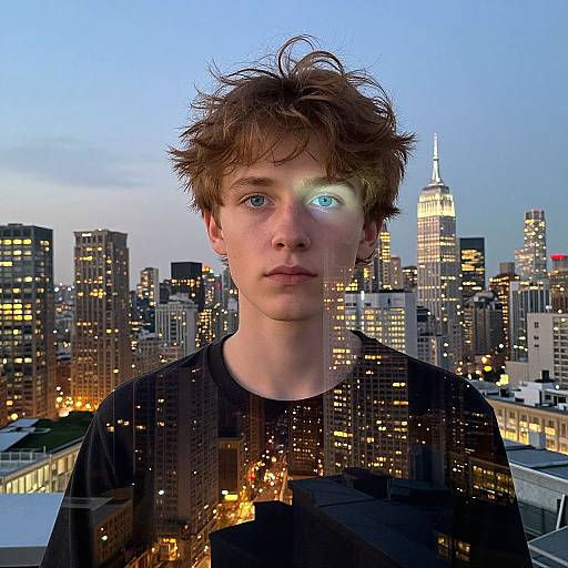 Photograph of a young man with tousled brown hair, wearing a black shirt reflecting a cityscape at dusk, with one eye glowing blue. Background
