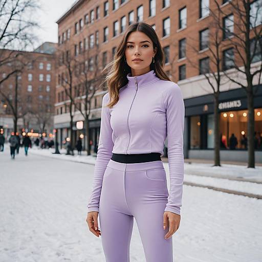 Woman in Lilac Athleisure Outfit on Snowy Urban Street