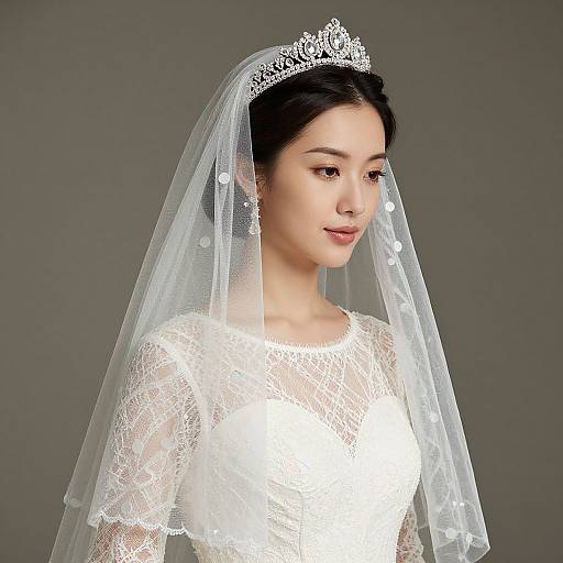 Photograph of an Asian bride with fair skin, black hair in a bun, wearing a white lace wedding dress, tiara, and veil, against