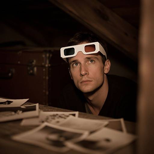 Photograph of a serious-looking man with short dark hair wearing white 3D glasses, staring intently at scattered black-and-white photographs on a wooden