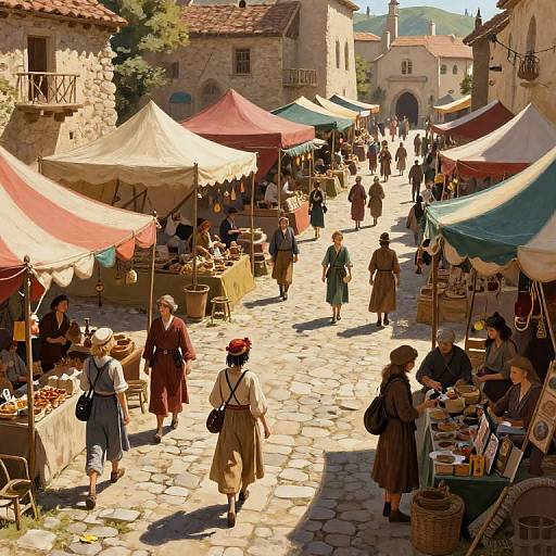 Medieval market scene: colorful tents, stone buildings, people in period clothing, browsing goods, baskets, and tables, sunlit cobblestone street