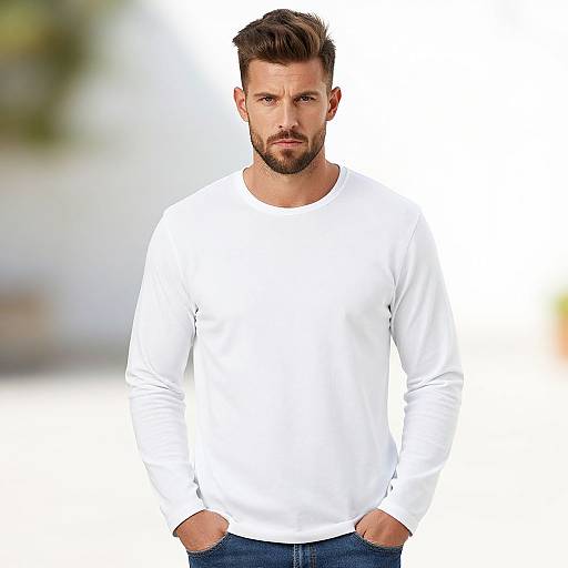 Photograph of a handsome, bearded man with short brown hair, wearing a plain white long-sleeve shirt and blue jeans, standing with hands