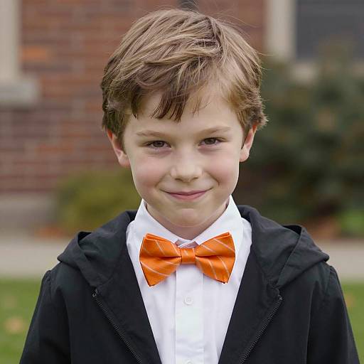Young boy with orange bow tie outdoors