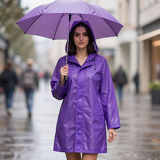 Woman in Purple Raincoat with Umbrella