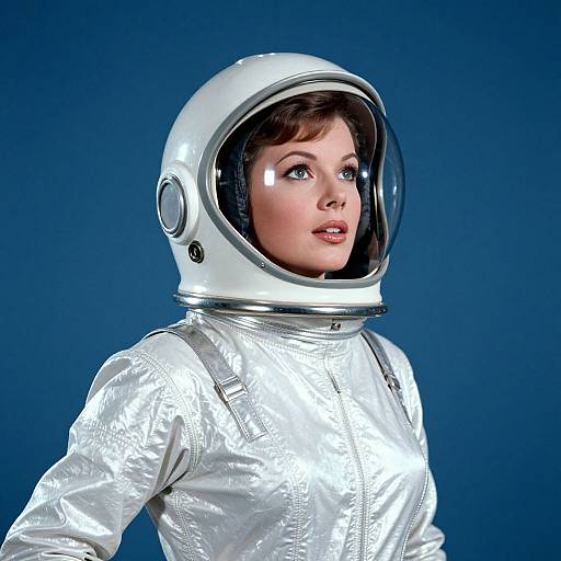 Photograph of a fair-skinned woman with brown hair in a silver spacesuit and white helmet, looking upward against a blue background.