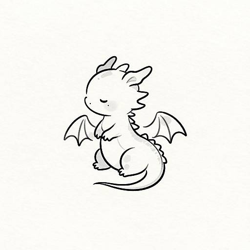 Cute, chibi-style black and white line drawing of a small, adorable dragon with small wings, sitting with eyes closed.