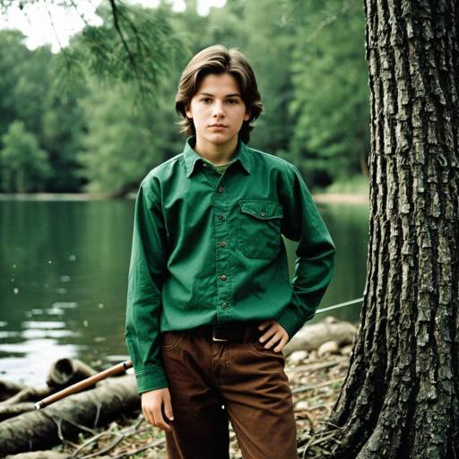 Boy Fishing by the River in Green Shirt