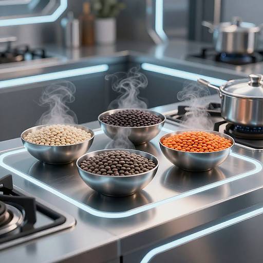 Photograph of four steaming metal bowls with different beans (white, black, orange) on a modern, illuminated kitchen stovetop.