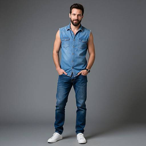 Confident Bearded Man in Denim Outfit
