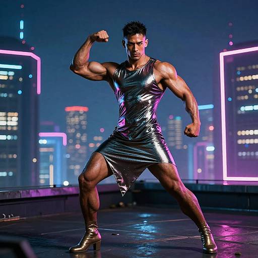 Muscular man in metallic silver dress flexing biceps, neon cityscape background, wearing gold ankle boots, nighttime rooftop setting. Photograph.