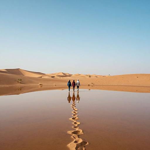 Photograph of three people walking in a vast, sunlit desert with clear reflection of their footprints in a shallow water pool. Blue sky above.