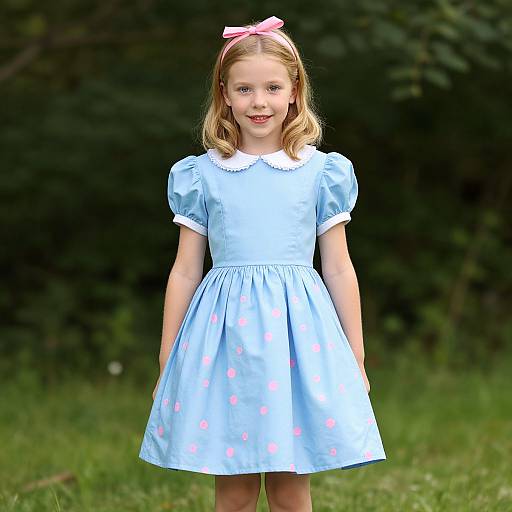 Photograph of a young blonde girl with light skin, wearing a light blue polka dot dress, pink bow, and standing in a grassy,