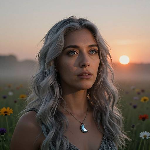 Photograph of a young woman with long, wavy silver hair, wearing a gray dress and moon pendant, standing in a sunlit meadow with