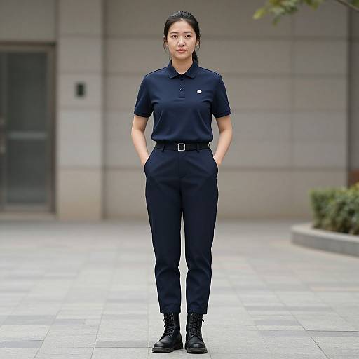 Photograph of an Asian woman with black hair in a bun, wearing a navy polo shirt, matching pants, and black boots, standing with hands in