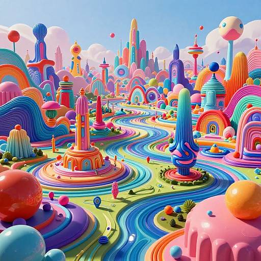 Bright, surreal digital art of a vibrant, colorful cityscape with swirling rivers, psychedelic buildings, and floating spheres under a clear blue sky.