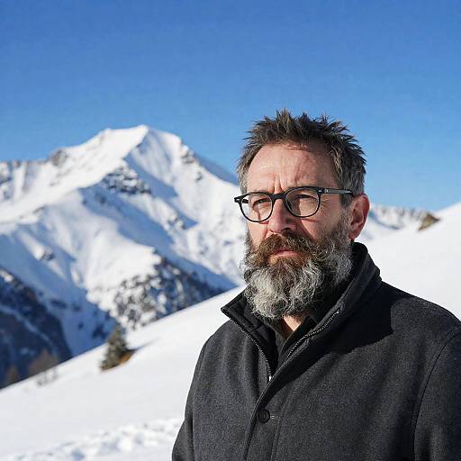 Bearded Man on Snowy Mountain Peak