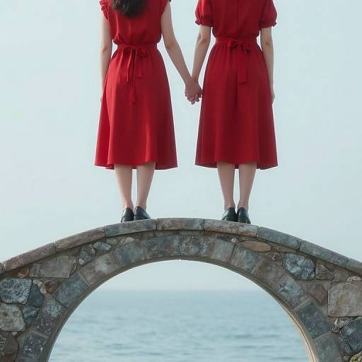 Photograph of two women in red dresses and black shoes, standing hand-in-hand on a stone arch overlooking a calm sea.