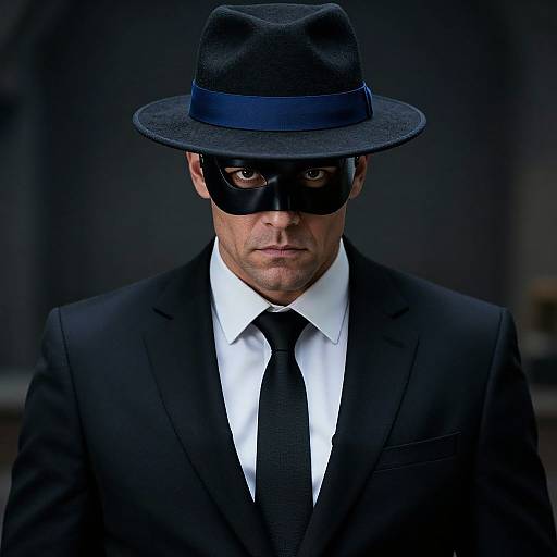Photograph of a serious man in a black suit, white shirt, black tie, black mask, and blue-banded black fedora hat. Dark