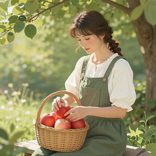 Photograph of a fair-skinned, dark-haired woman in green pinafore and white blouse, gently holding red apples in a woven basket, under
