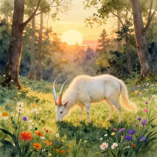 Digital painting of a white, horned mythical creature grazing in a sunlit forest meadow, surrounded by colorful wildflowers and tall trees.
