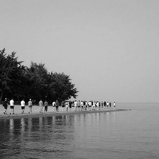 Group Walking Along Shoreline