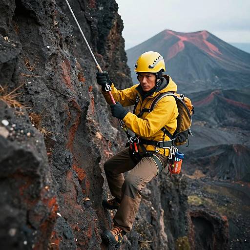 Bold Archaeologist Scaling Volcanic Mountain