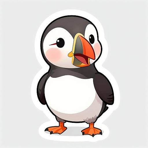 Cartoon penguin with black and white feathers, orange beak and feet, wide eyes, and a slightly open mouth, standing against a plain white