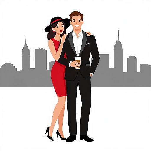 Elegant Couple in City Skyline Illustration