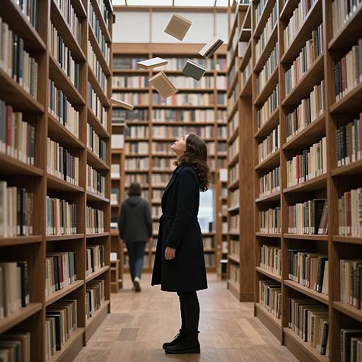 Photograph of a woman with curly hair, black coat, and boots, standing in a library aisle, books flying above her head.