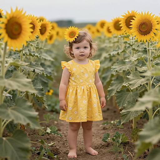 Toddler in Yellow Dress Standing in Sunflower Field