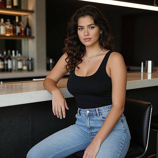 Photograph of a woman with long dark curly hair, wearing a black tank top and blue jeans, seated at a modern bar counter. Background features a