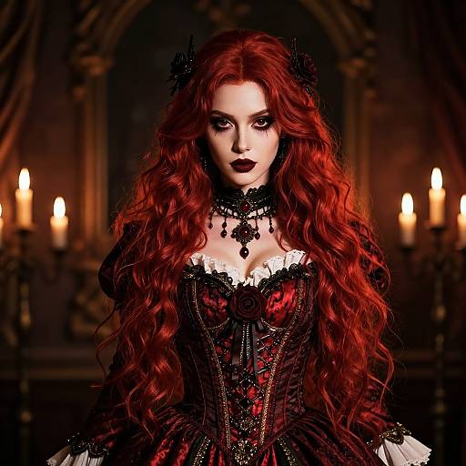 Photograph of a pale-skinned woman with long, wavy red hair in a gothic black and red corset, surrounded by dimly lit